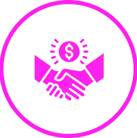 Pink handshake icon within a circle on a transparent background.