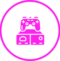 Bright pink calendar icon inside a purple circle.