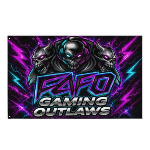 Logo for EAFO Gaming Outlaws with fierce wolf heads and electric purple accents.