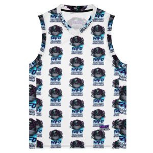 Sleeveless white tank top with repeating blue and black graphic print.
