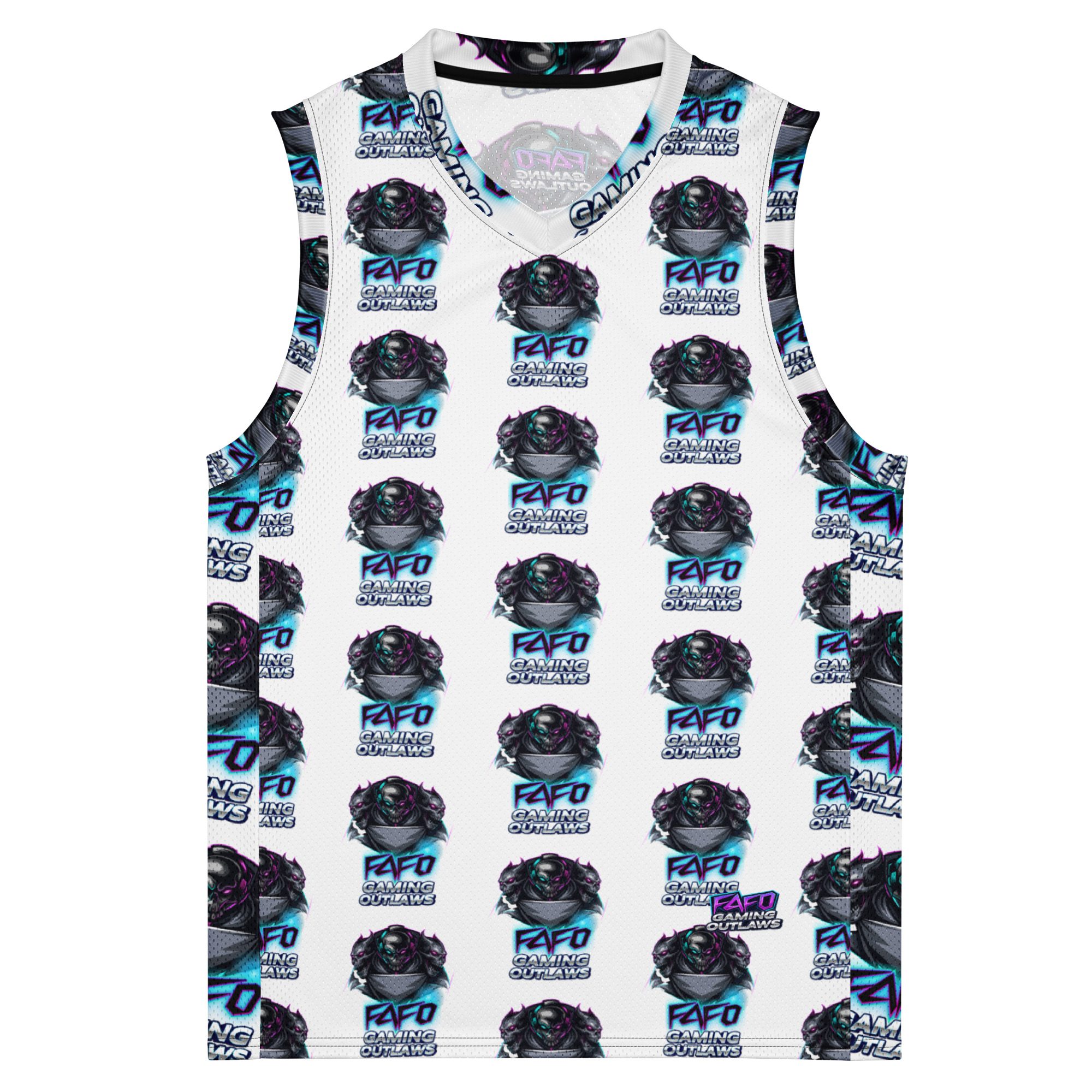 Sleeveless white tank top with repeating blue and black graphic print.