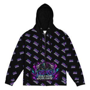 Black hoodie with purple and white graphic patterns and text.