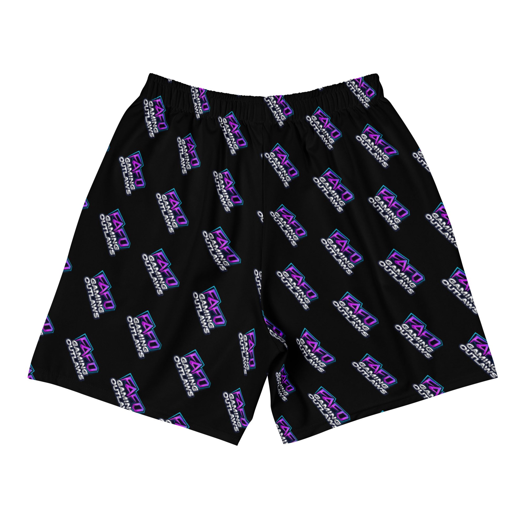 Black shorts with a repeating purple and white logo pattern.