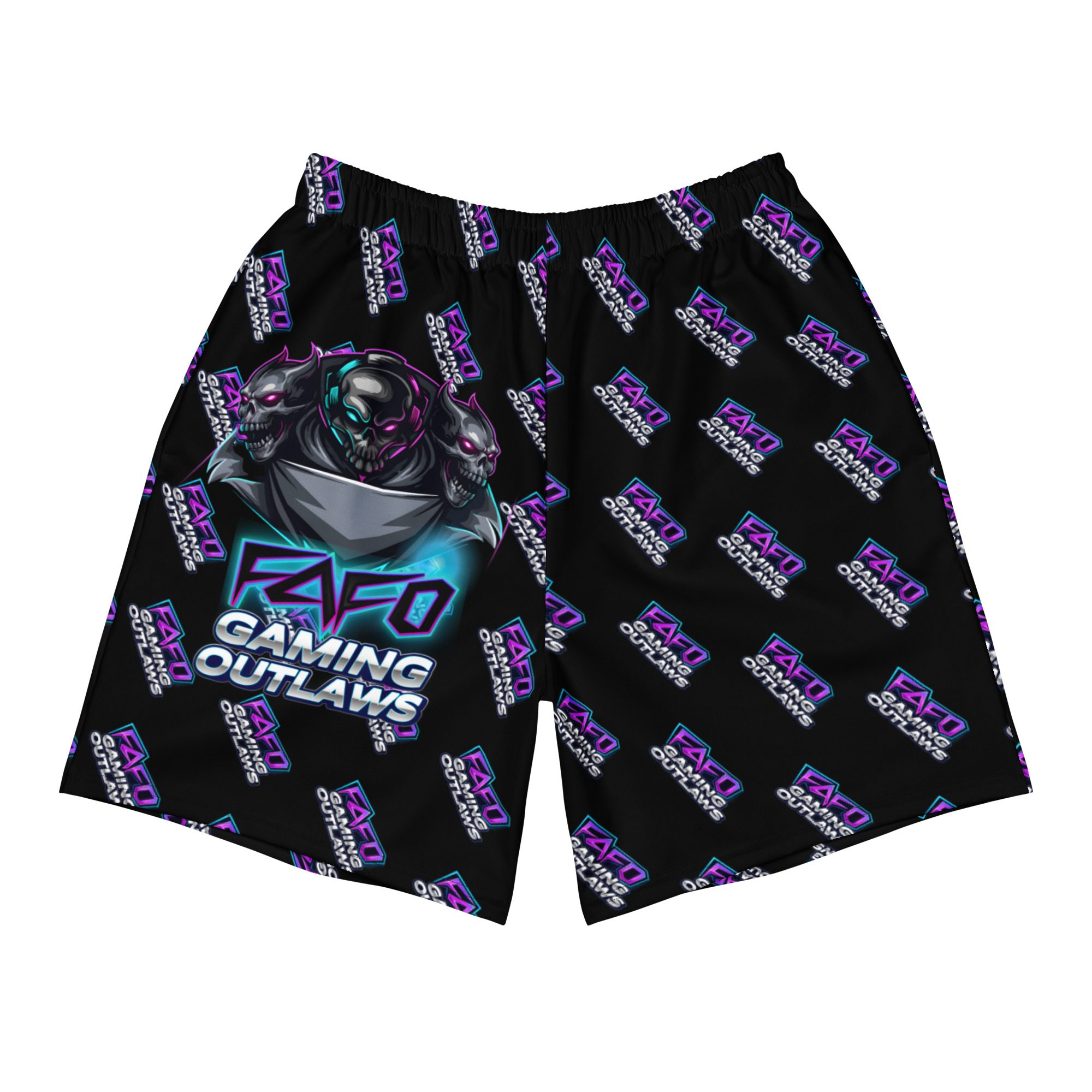 Black sports shorts with a repeating purple logo and blue graphic.