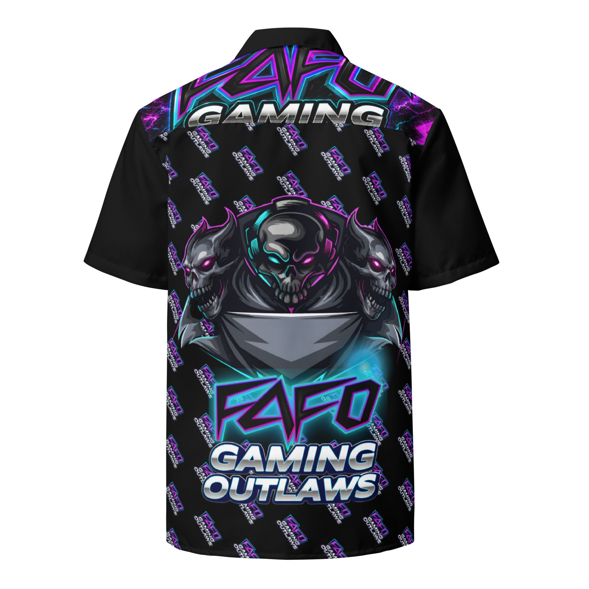 Black gaming-themed shirt with colorful UFO and text design.