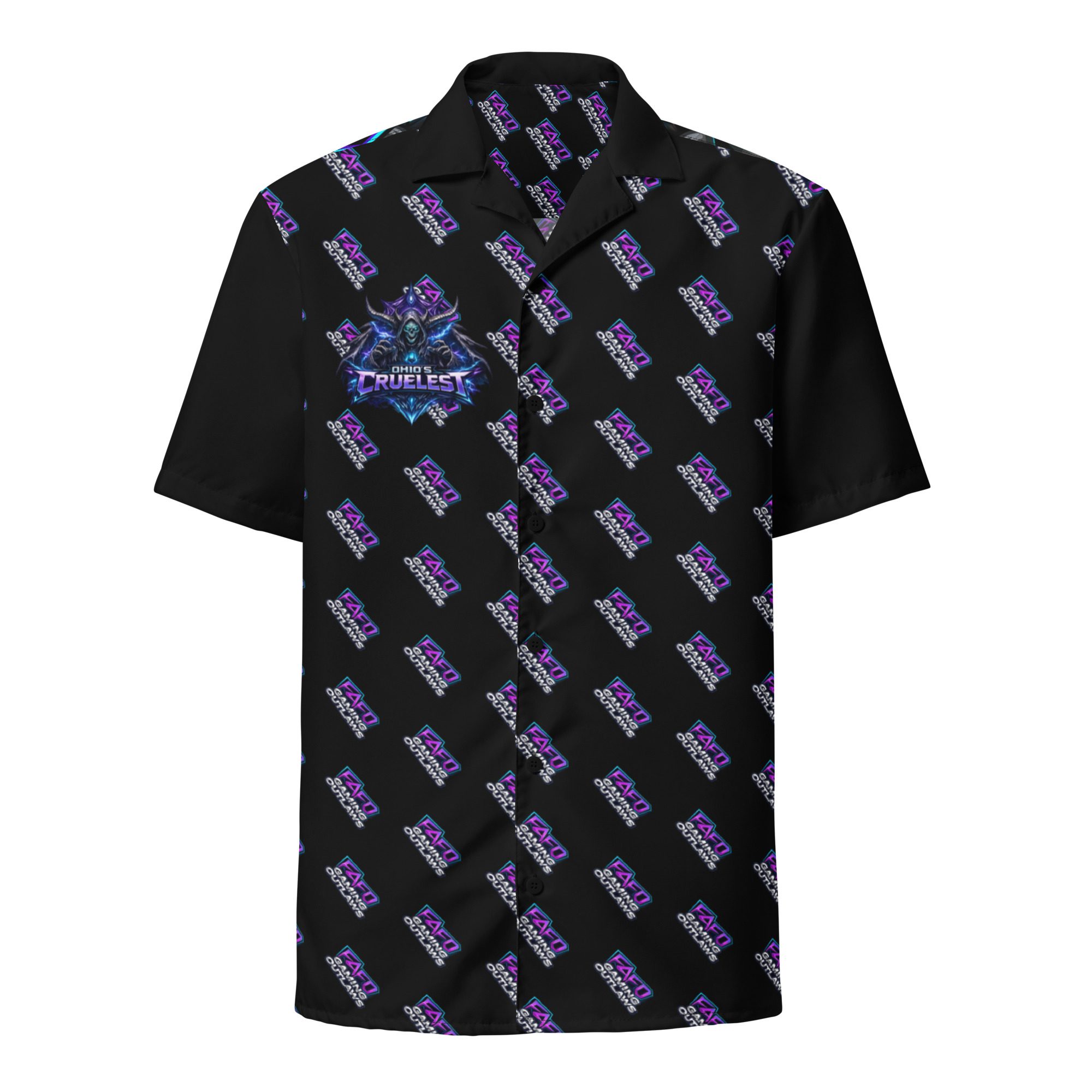 Black and purple patterned polo shirt with a collar and short sleeves.