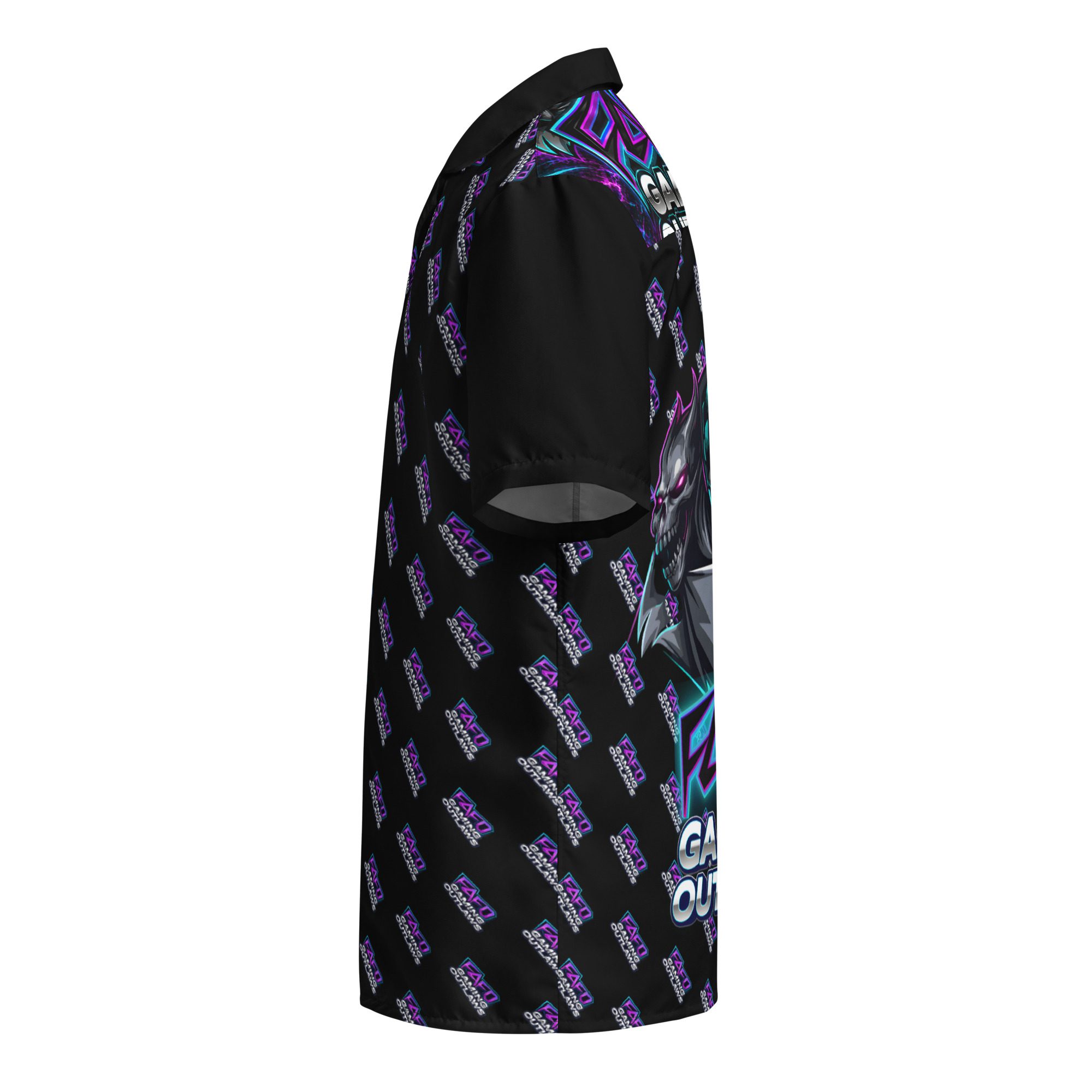 Side view of a black t-shirt with purple and blue geometric patterns.
