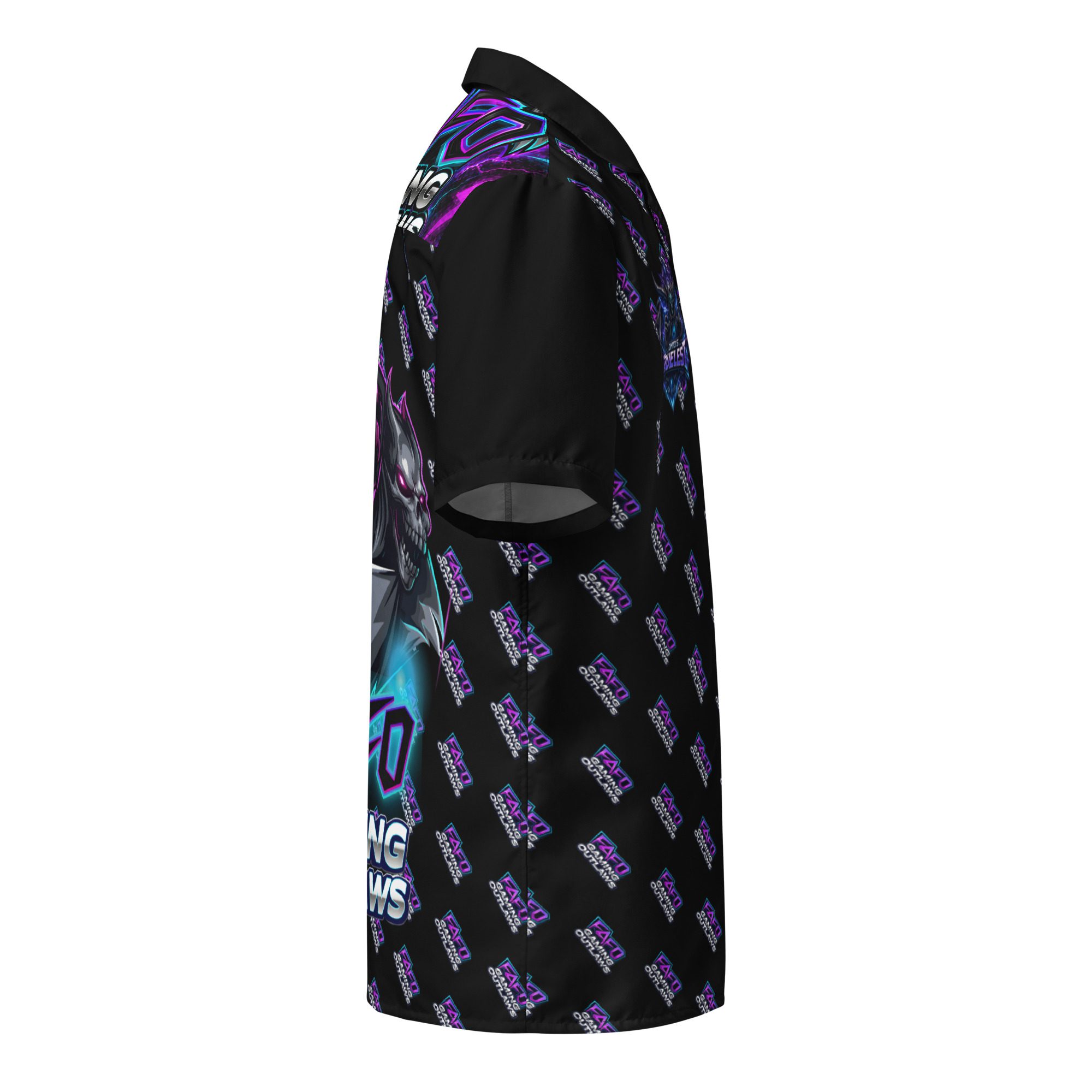 Side view of a black sports jersey with blue and purple accents.