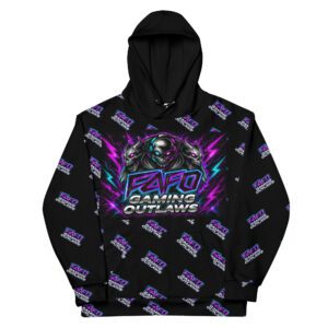 Black hoodie with vibrant purple and blue graphic text design.