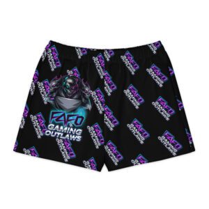 Black shorts with purple and teal graphic patterns and text.