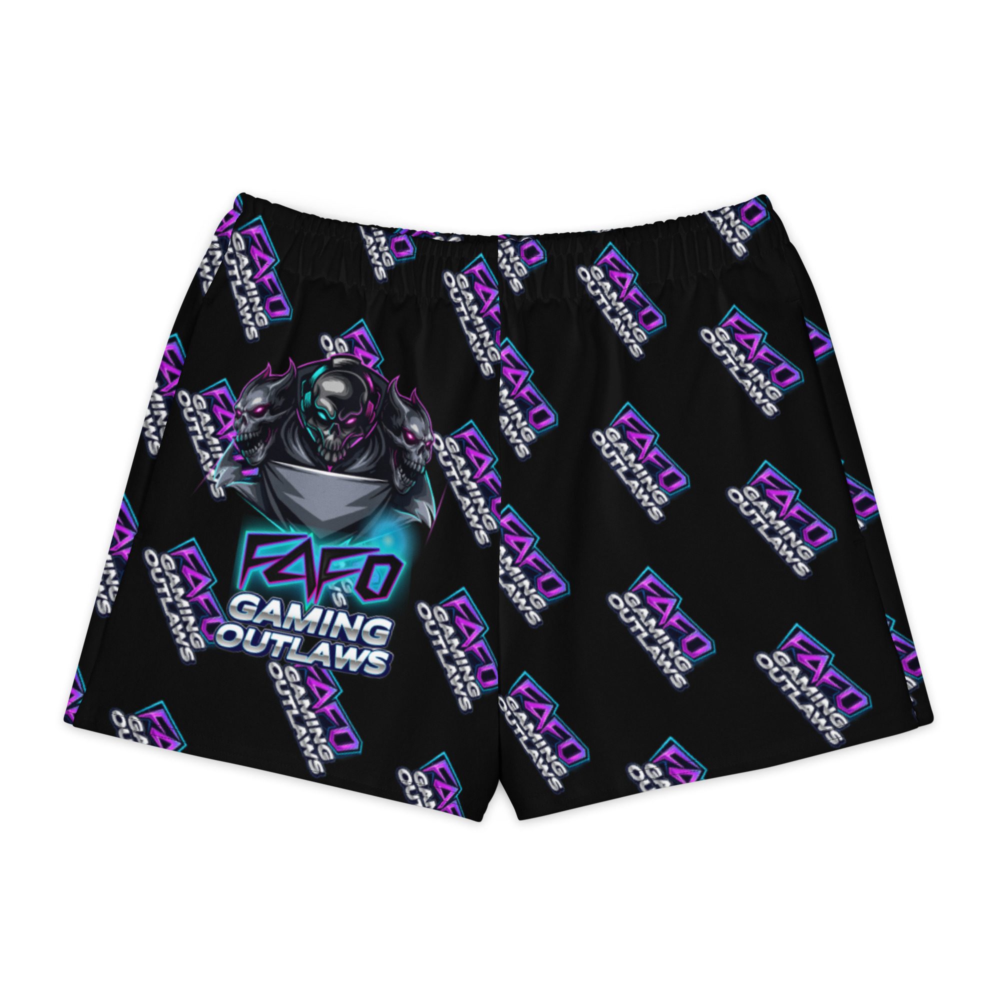 Black shorts with purple and teal graphic patterns and text.