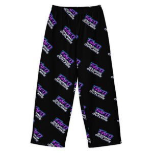 Black pants with repeated white and purple text pattern.