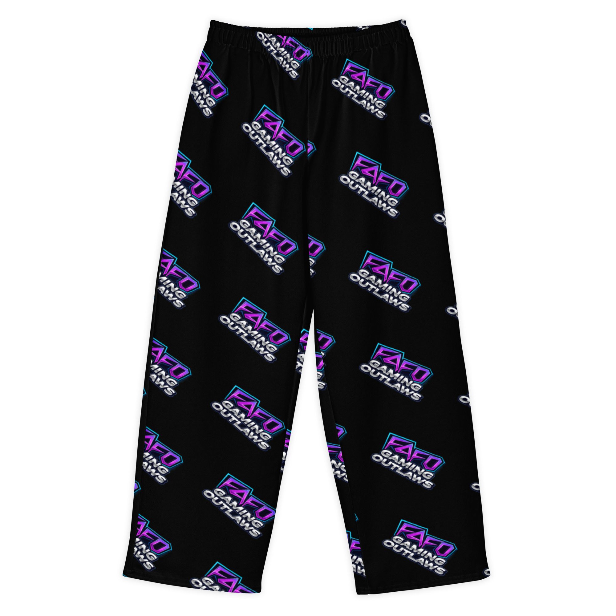 Black pants with repeated white and purple text pattern.