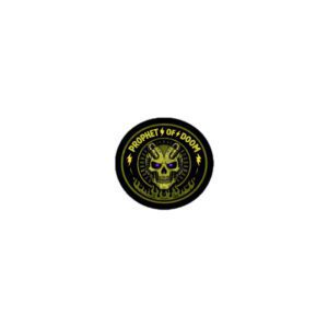 A dark circular emblem with a fierce skull and text.