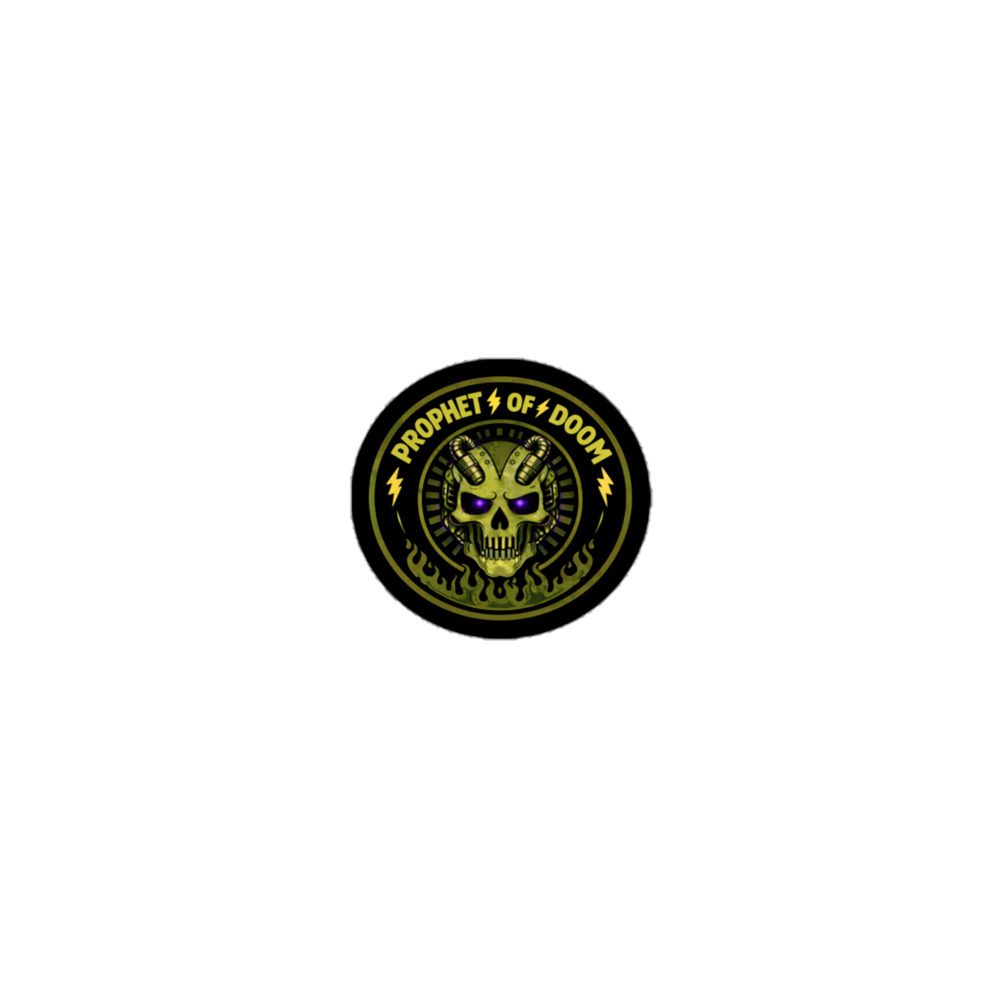 A dark circular emblem with a fierce skull and text.