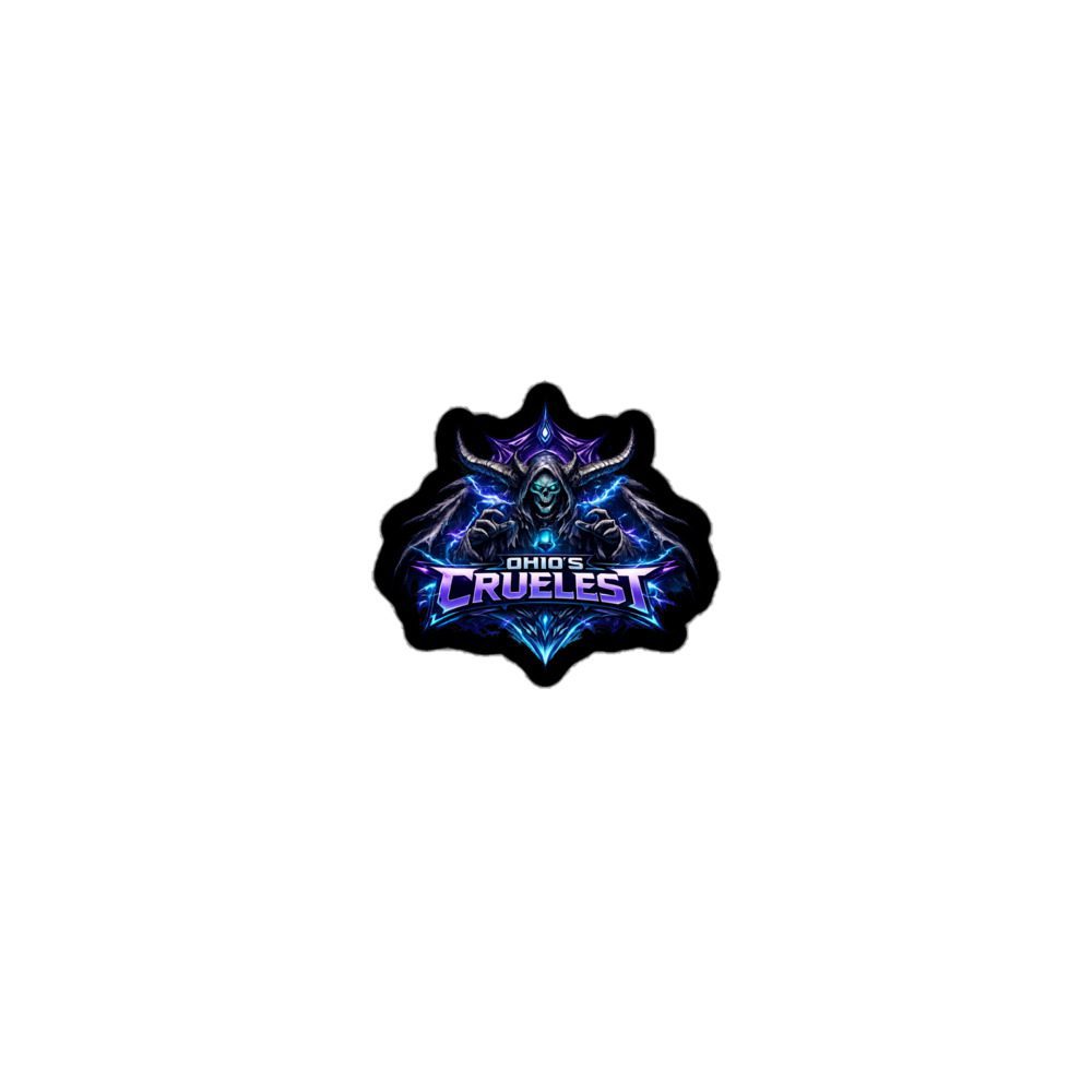 A colorful, glowing badge with a star-like design and text.