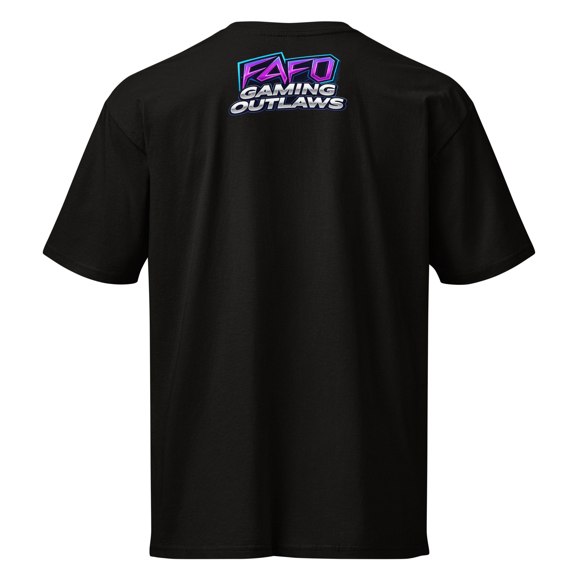 Black T-shirt with colorful 'Fast Racing' text on the back.