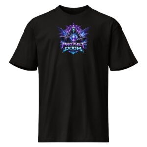 Black T-shirt with colorful Doom game graphic.