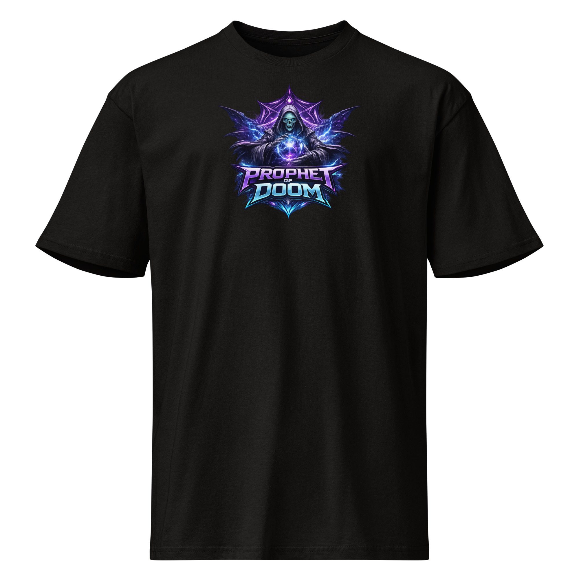 Black T-shirt with colorful Doom game graphic.