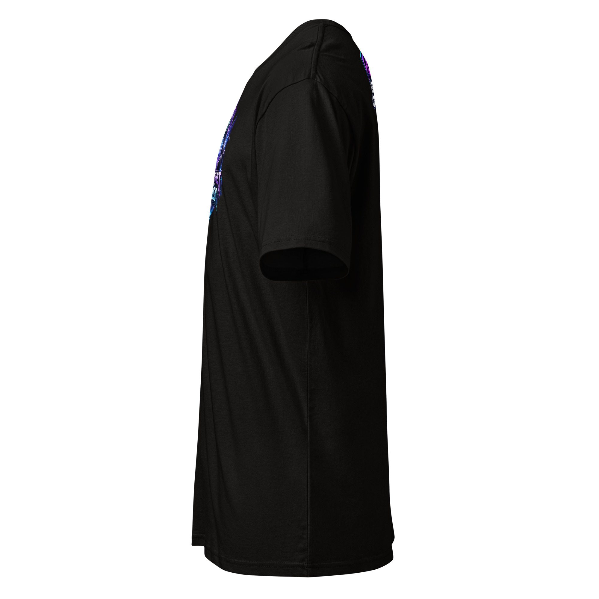 Side view of a black short-sleeve t-shirt.