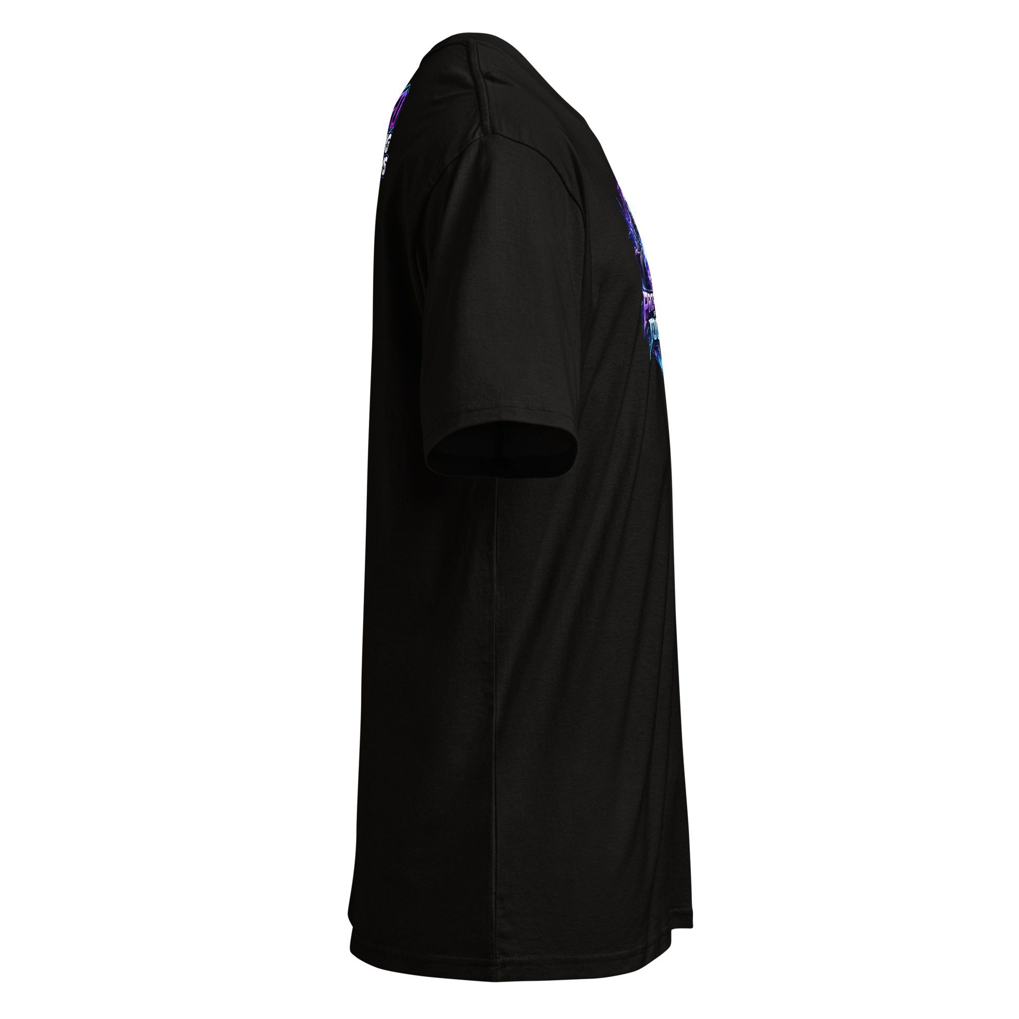 Side view of a black short-sleeve t-shirt on a plain background.