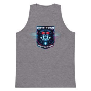 Gray sleeveless shirt with a vibrant digital-style graphic on the chest.