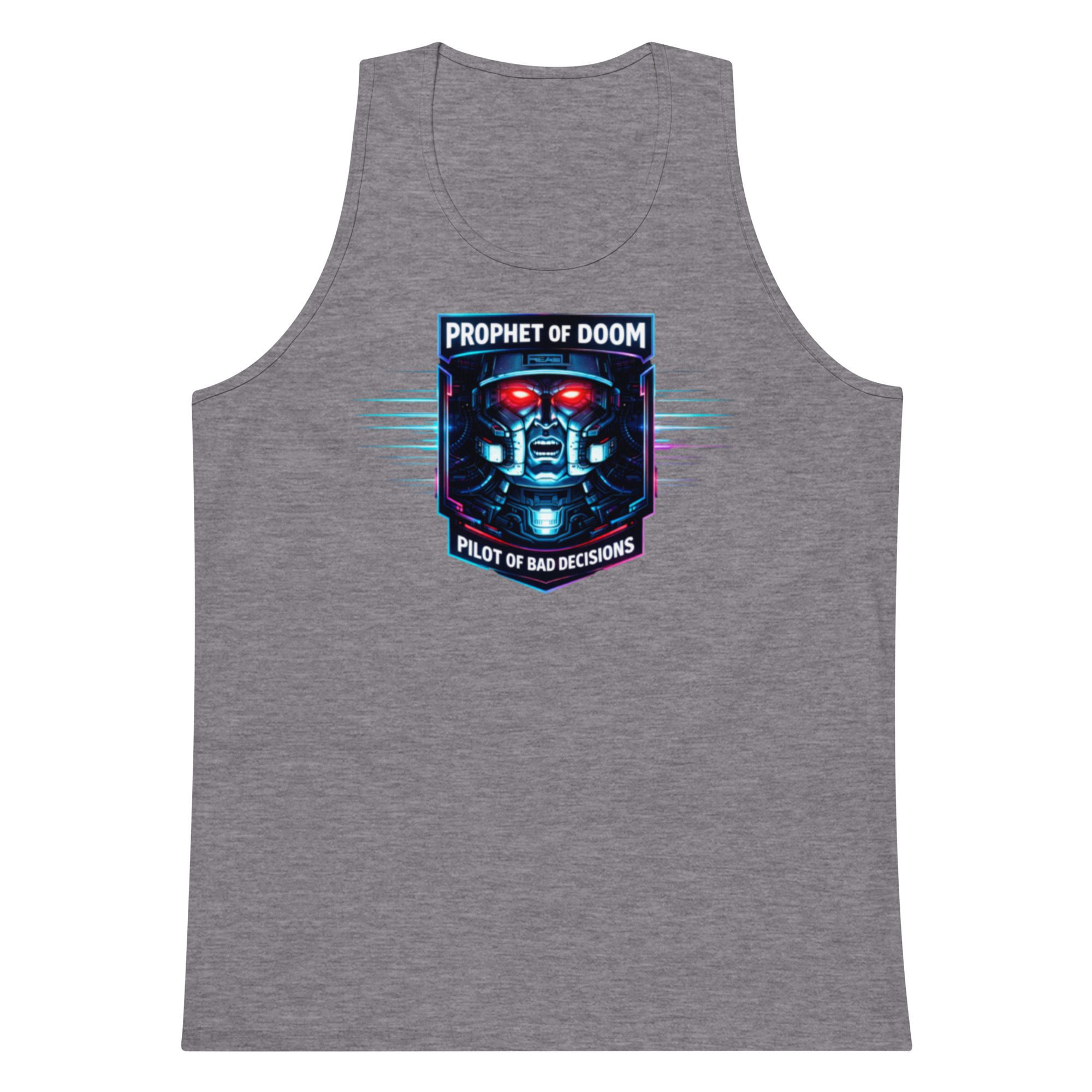 Gray sleeveless shirt with a vibrant digital-style graphic on the chest.