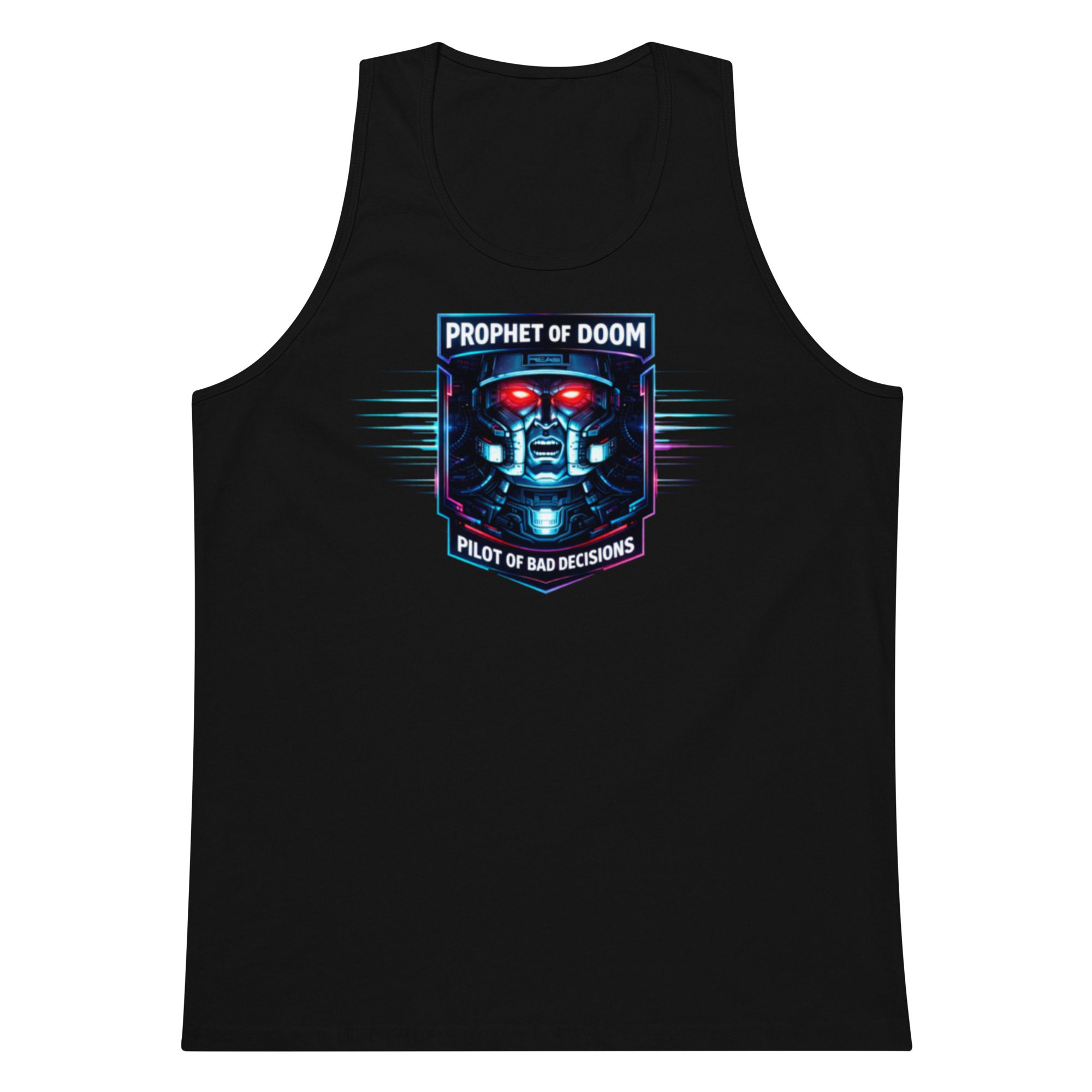 Black tank top with a colorful futuristic graphic design.