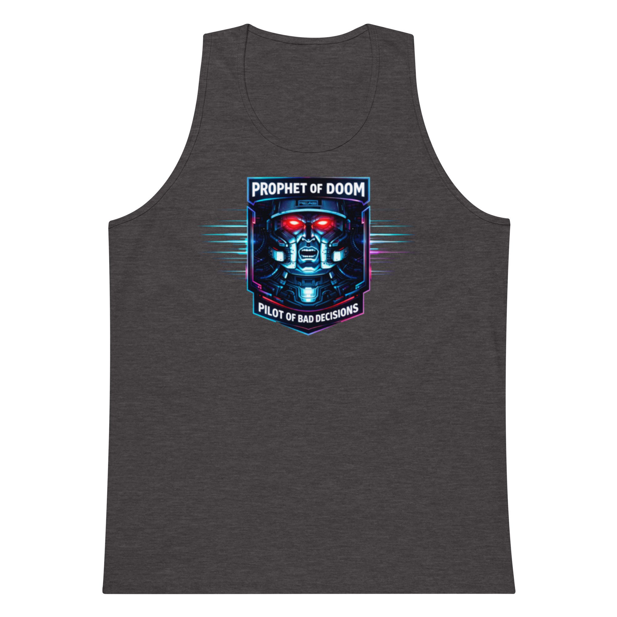 Dark tank top with a futuristic sci-fi design on the chest.