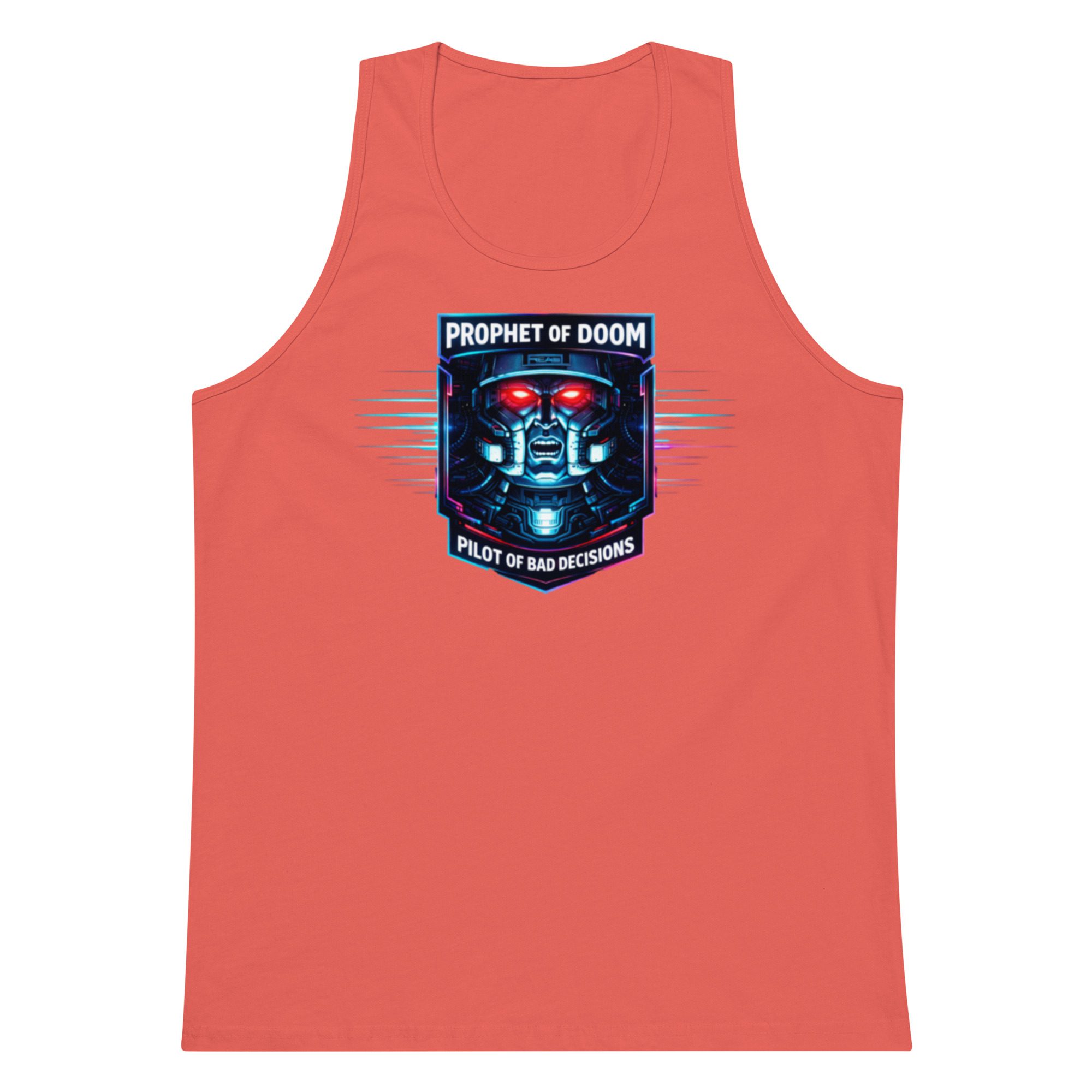 Coral tank top with a blue and white graphic design on the front.