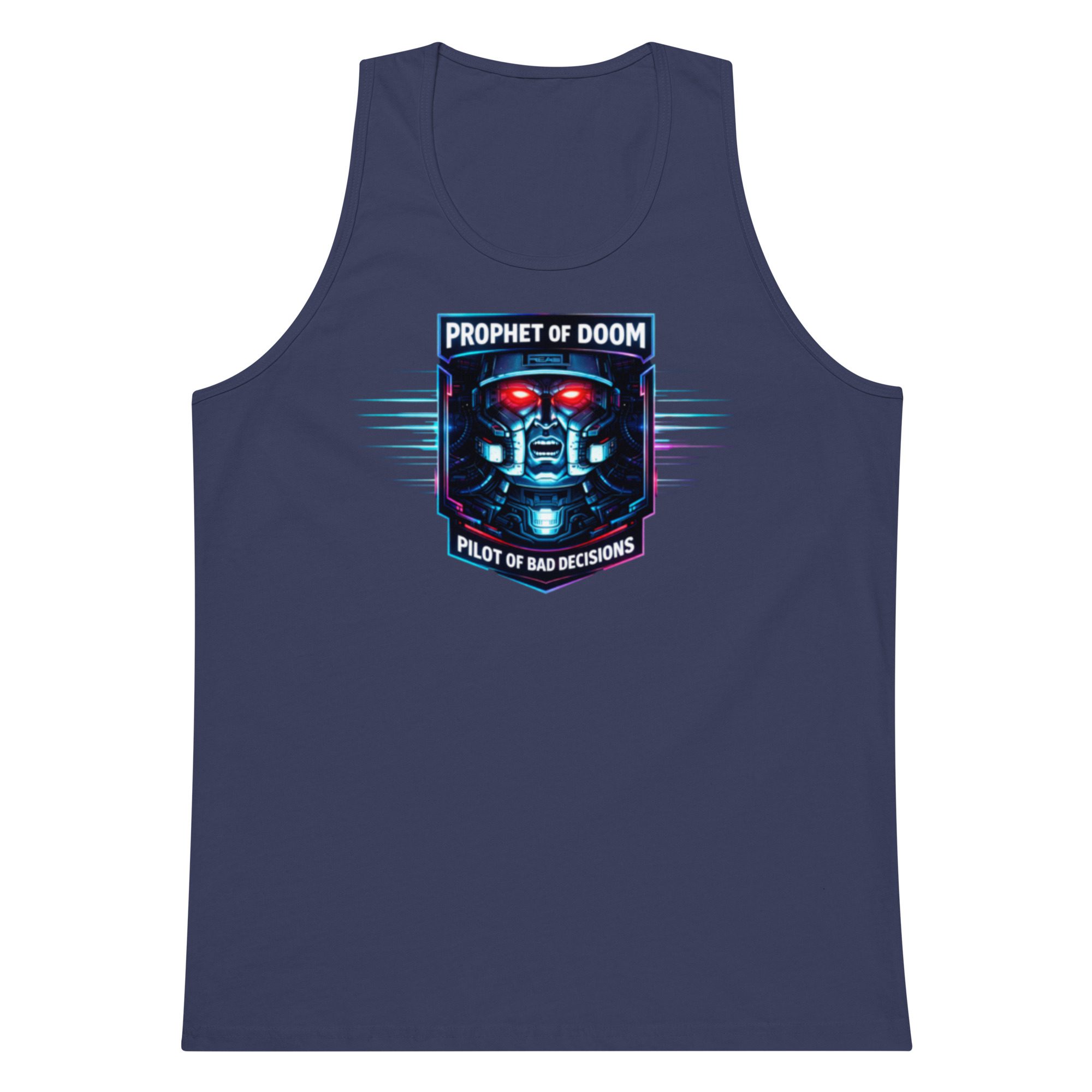 Navy tank top with a futuristic digital design and text.