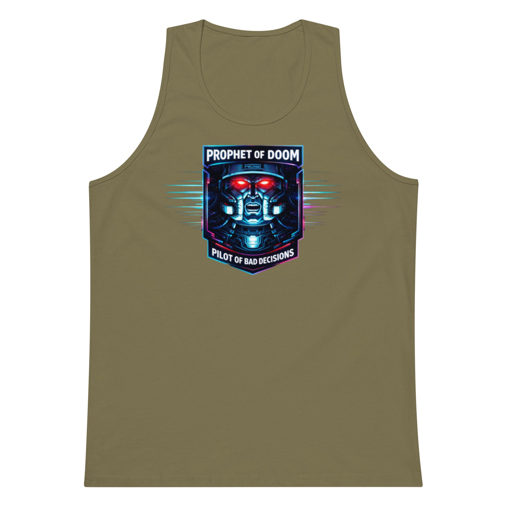 Olive green tank top with a colorful graphic design on the front.