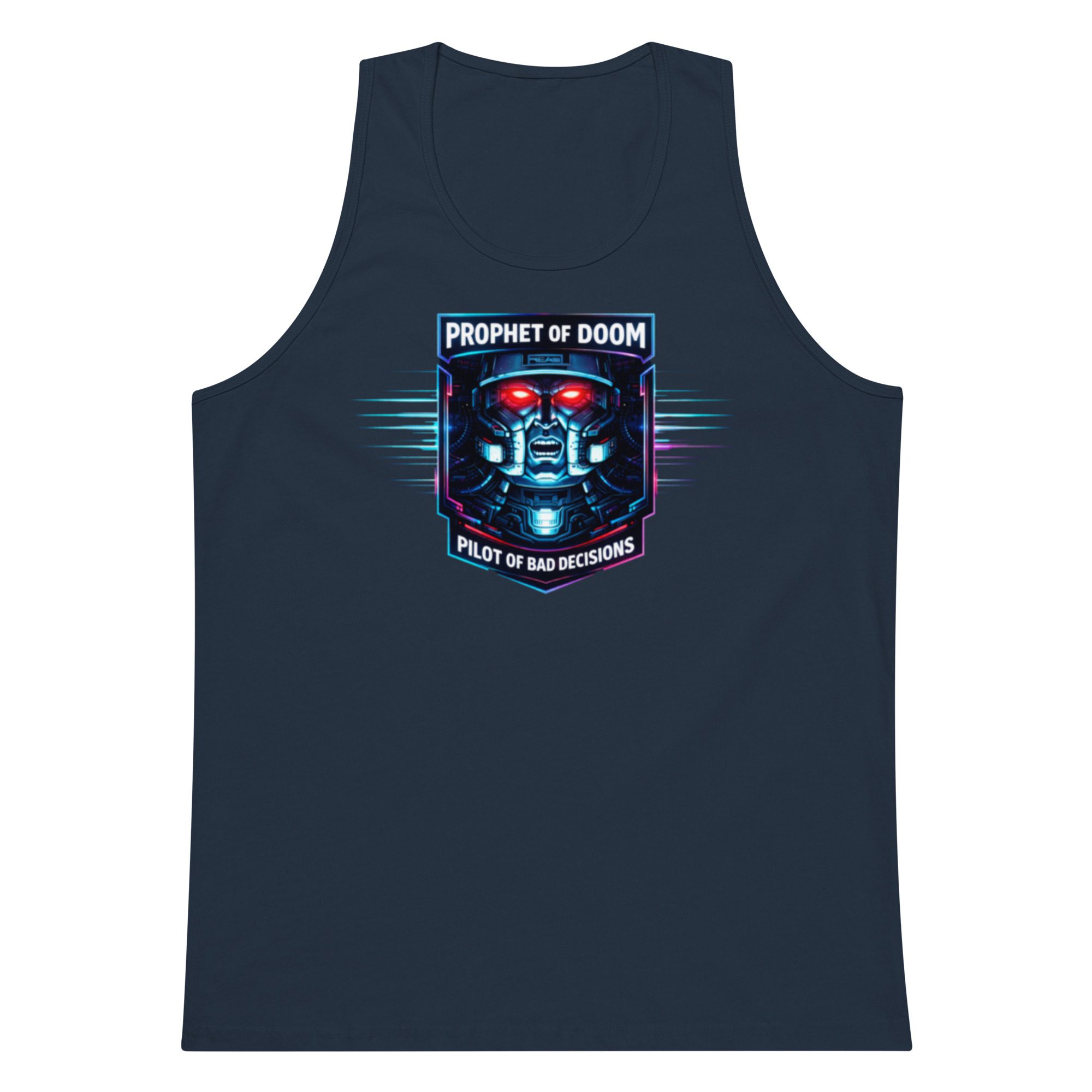 Navy blue tank top with a colorful, futuristic graphic design on the chest.