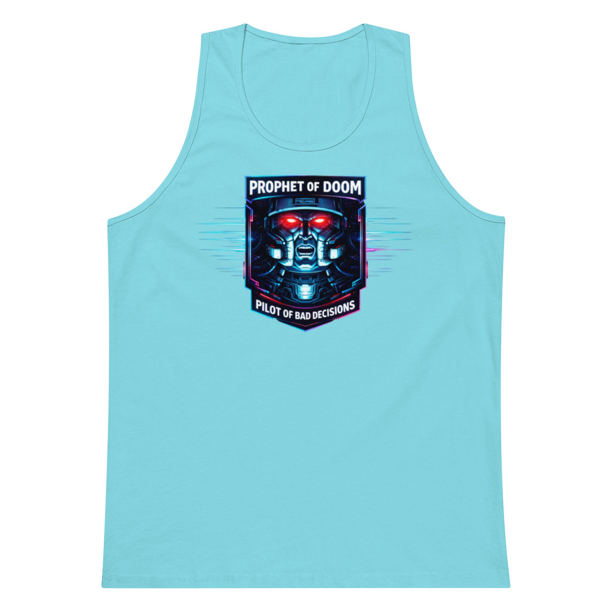 Light blue tank top with a futuristic graphic design on the chest.