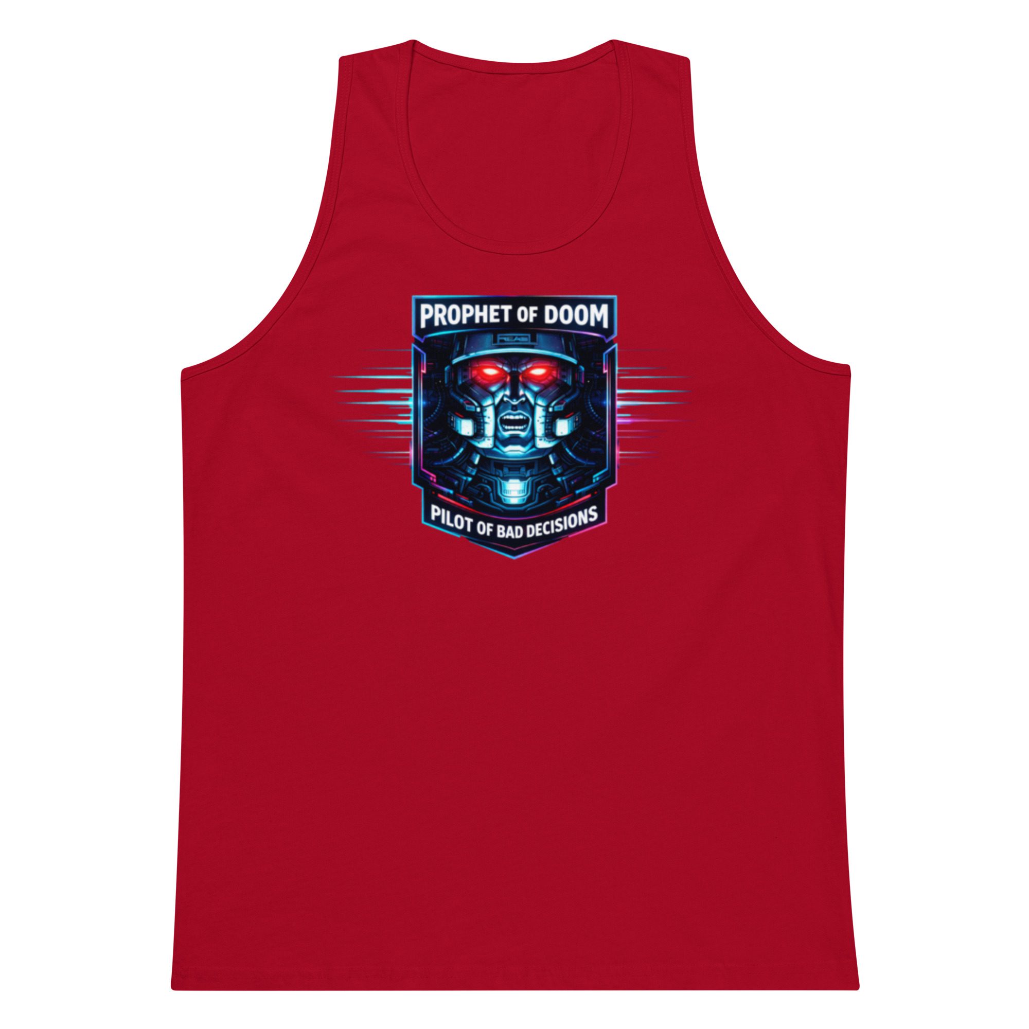 Red tank top with a futuristic graphic design on the front.
