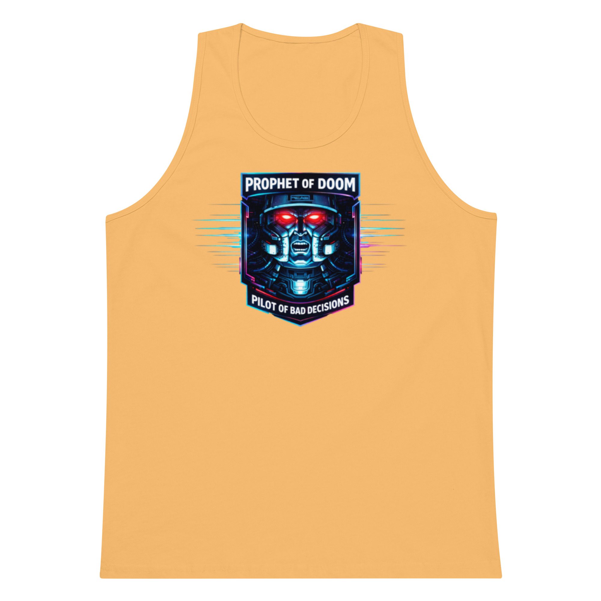 Orange sleeveless shirt with a colorful graphic patch on the chest.