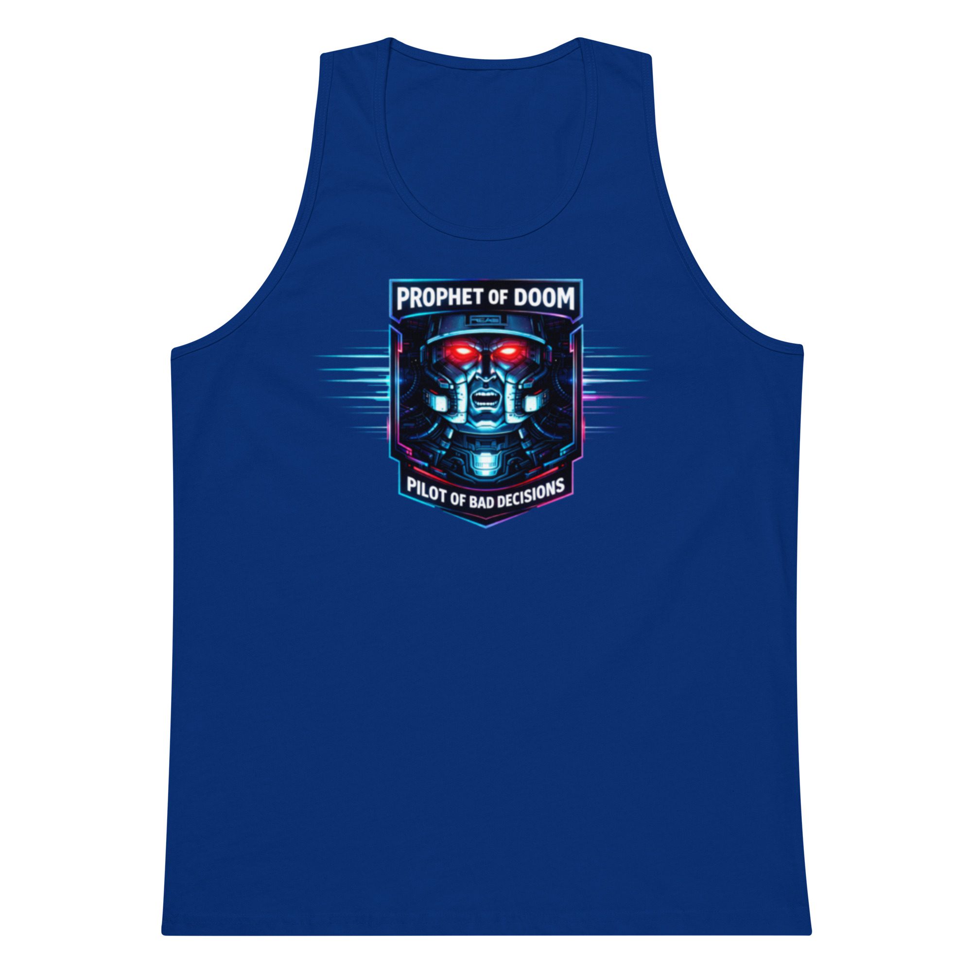 Blue sleeveless shirt with a colorful graphic design.