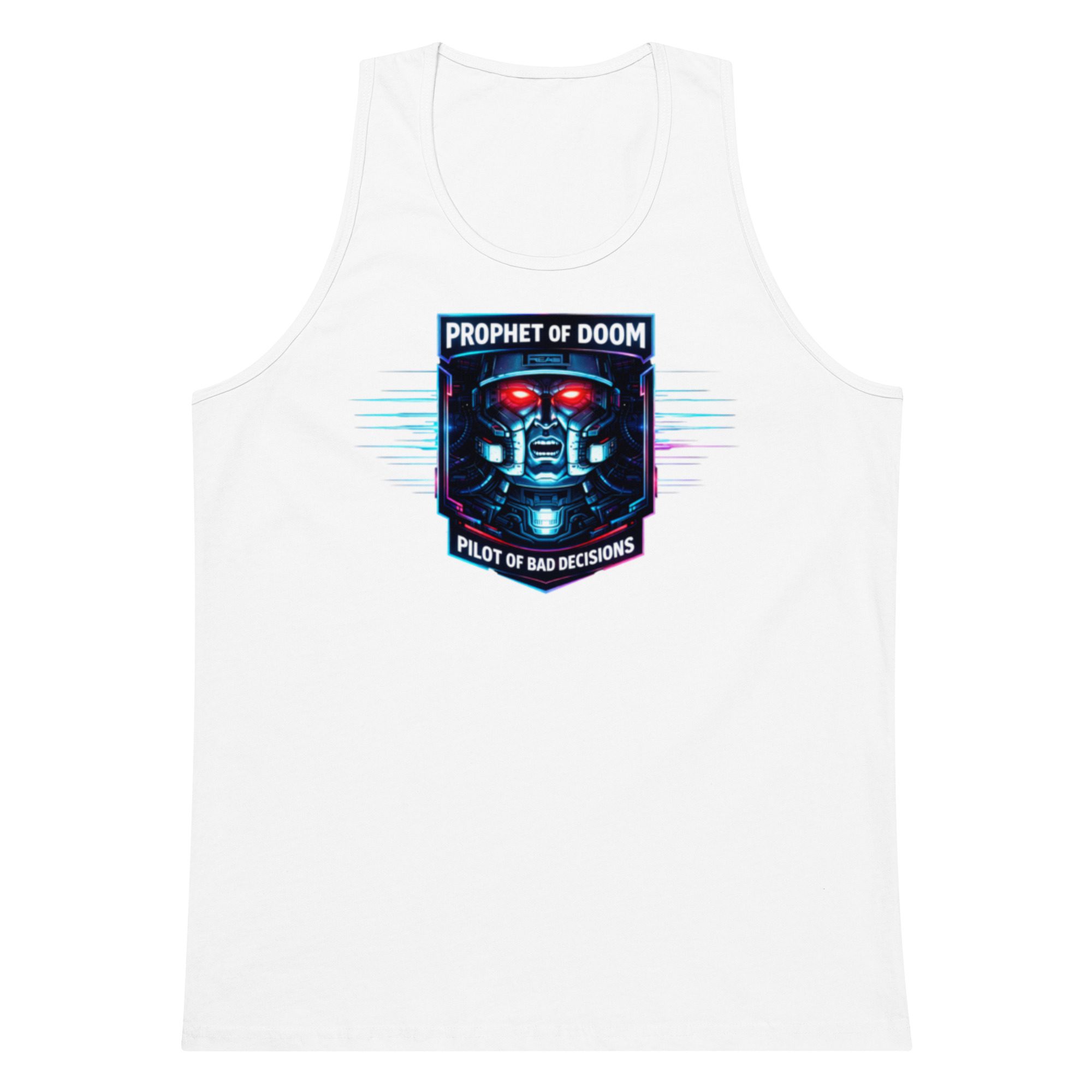 White tank top with a colorful digital-themed graphic design on front.