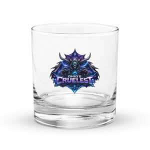 Clear glass tumbler with a colorful "Rulest" logo.