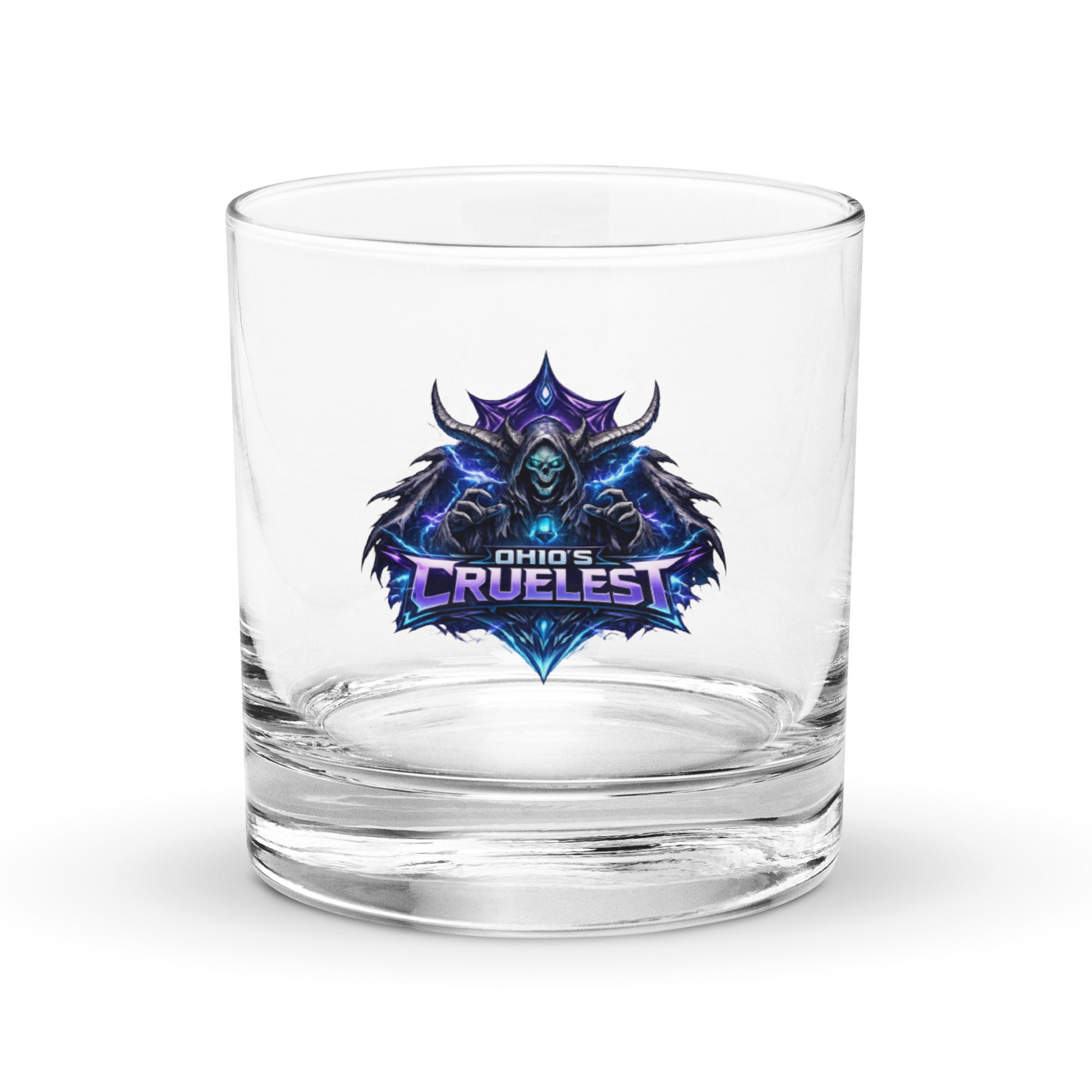 Clear glass tumbler with a colorful "Rulest" logo.