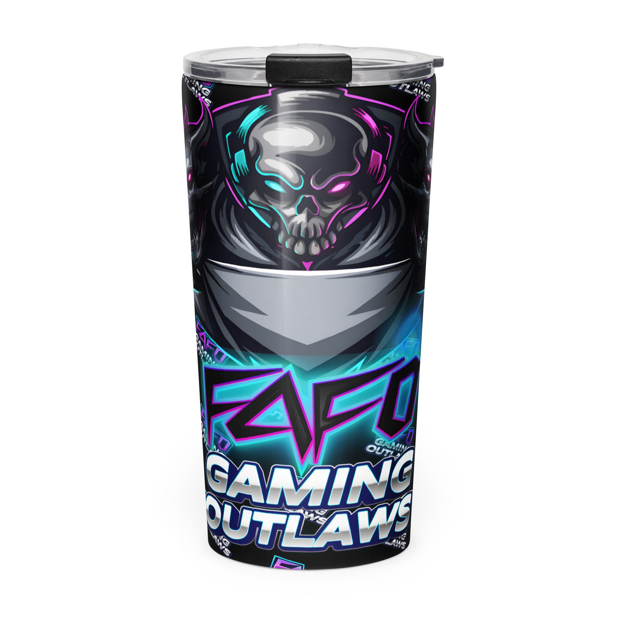 A gaming-themed tumbler with a skull and neon design.