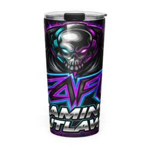 Metallic skull tumbler with neon purple and blue gaming design.