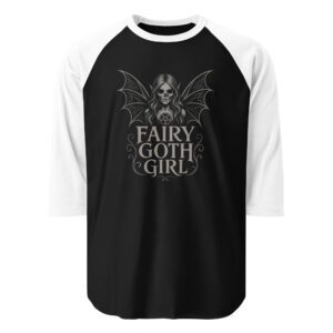 Black and white raglan shirt with gothic fairy design.