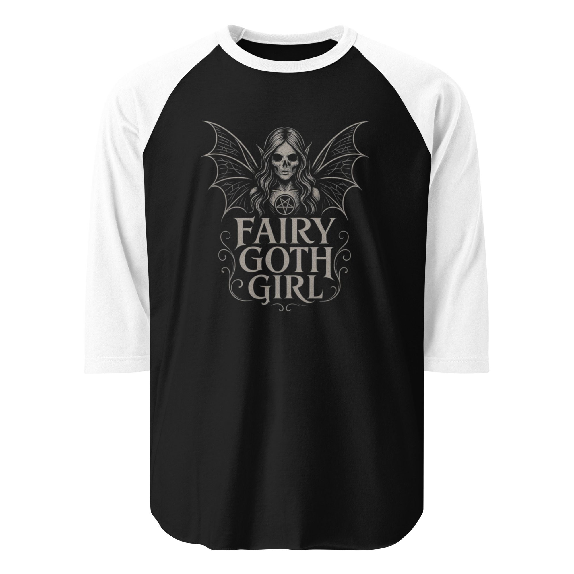 Black and white raglan shirt with gothic fairy design.