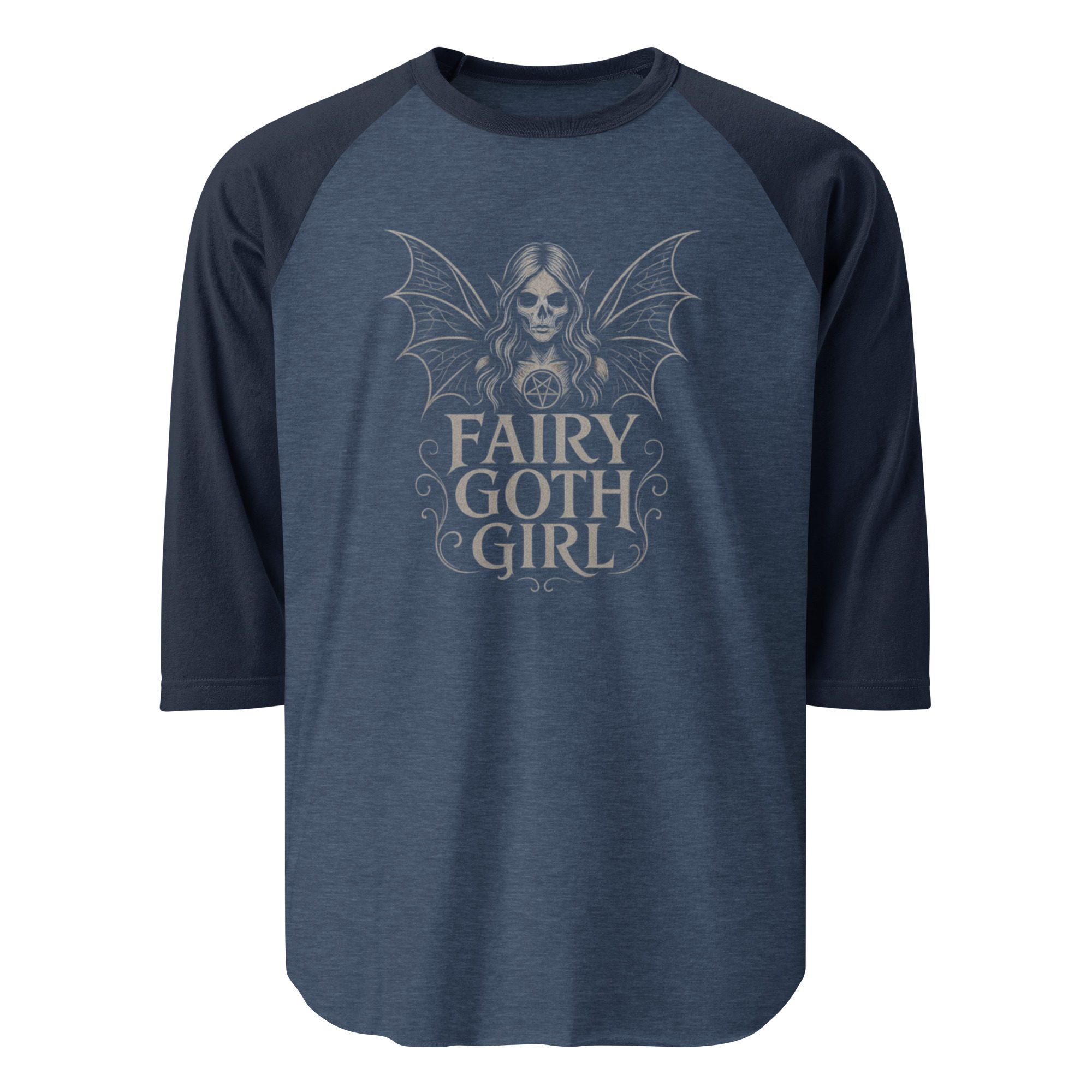 Blue raglan sleeve shirt with "Fairy Goth Girl" text and butterfly design.