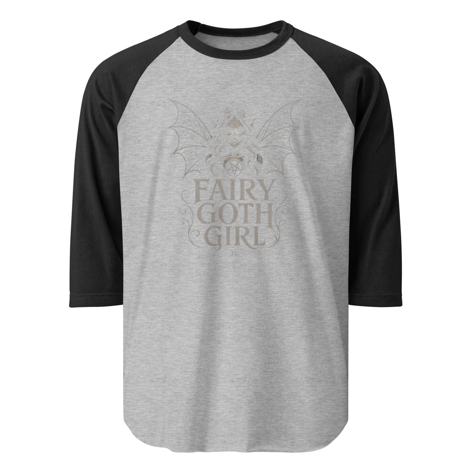 Gray and black raglan sleeve t-shirt with text design.