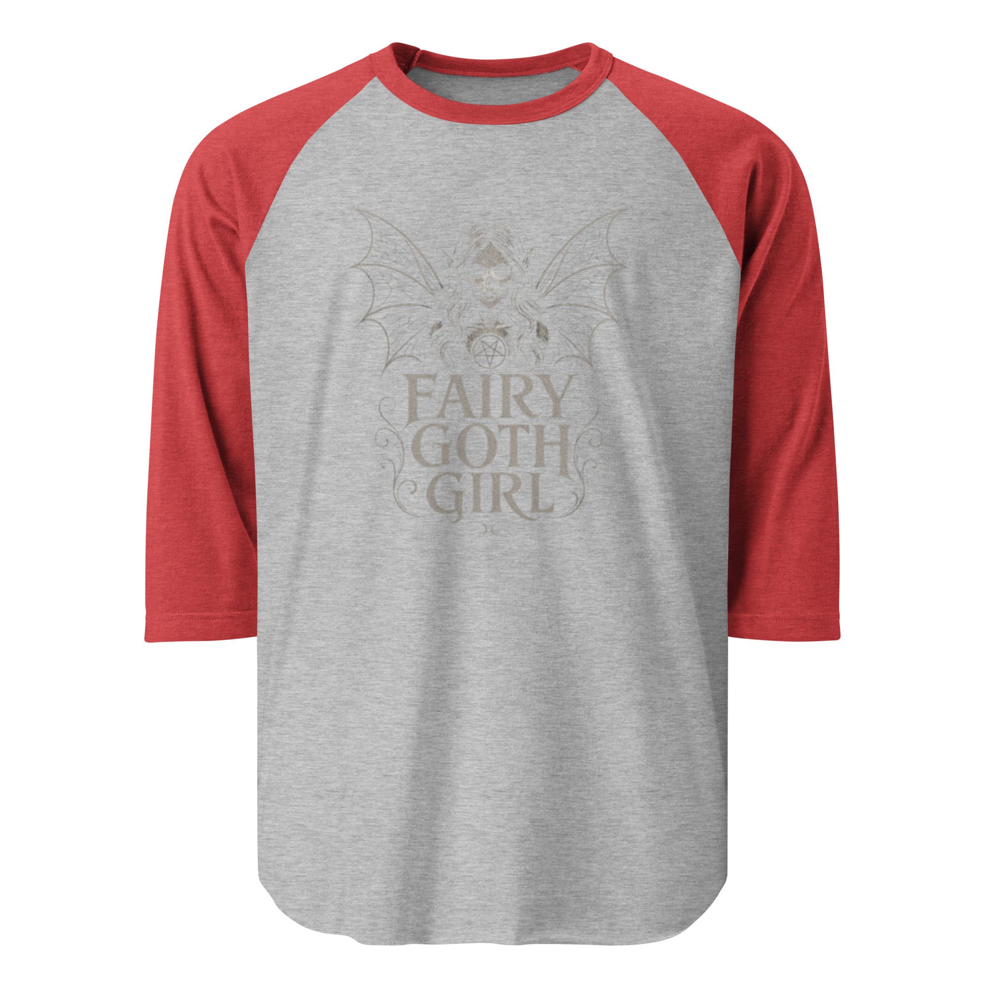 Gray and red raglan sleeve shirt with a printed design.