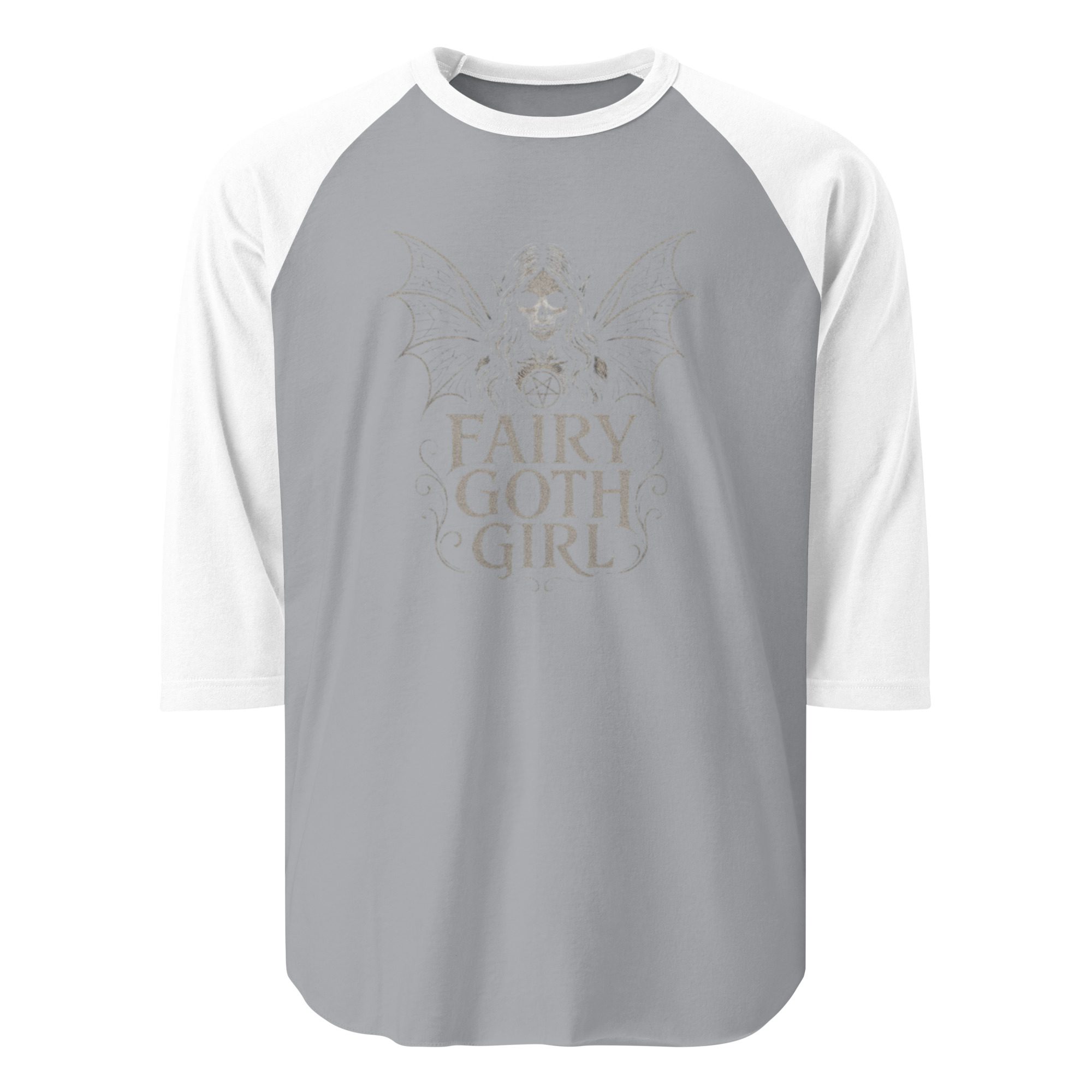 Gray and white raglan shirt with a subtle graphic design on the front.