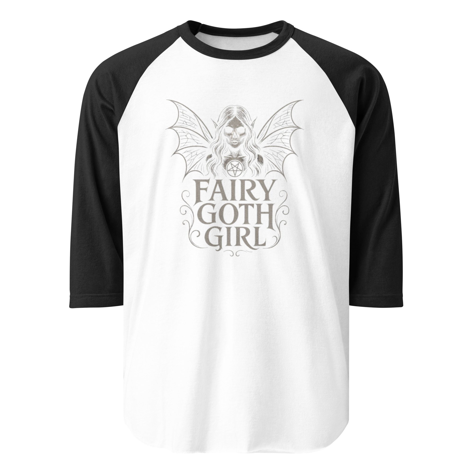 Black and white raglan shirt with 'Fairy Goth Girl' graphic.