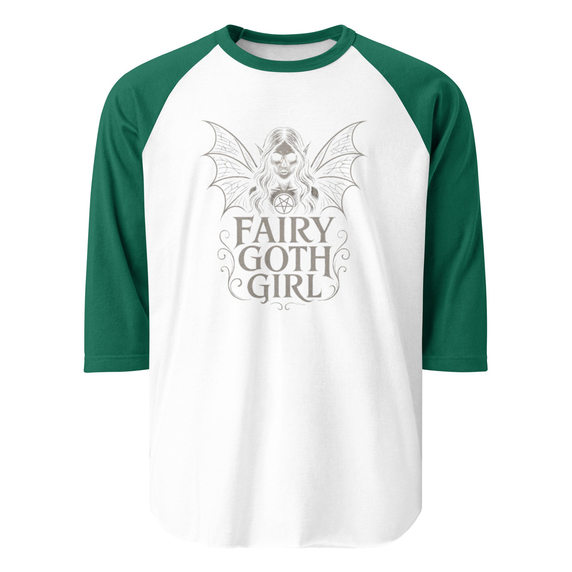 White and green raglan shirt with fairy goth girl graphic.